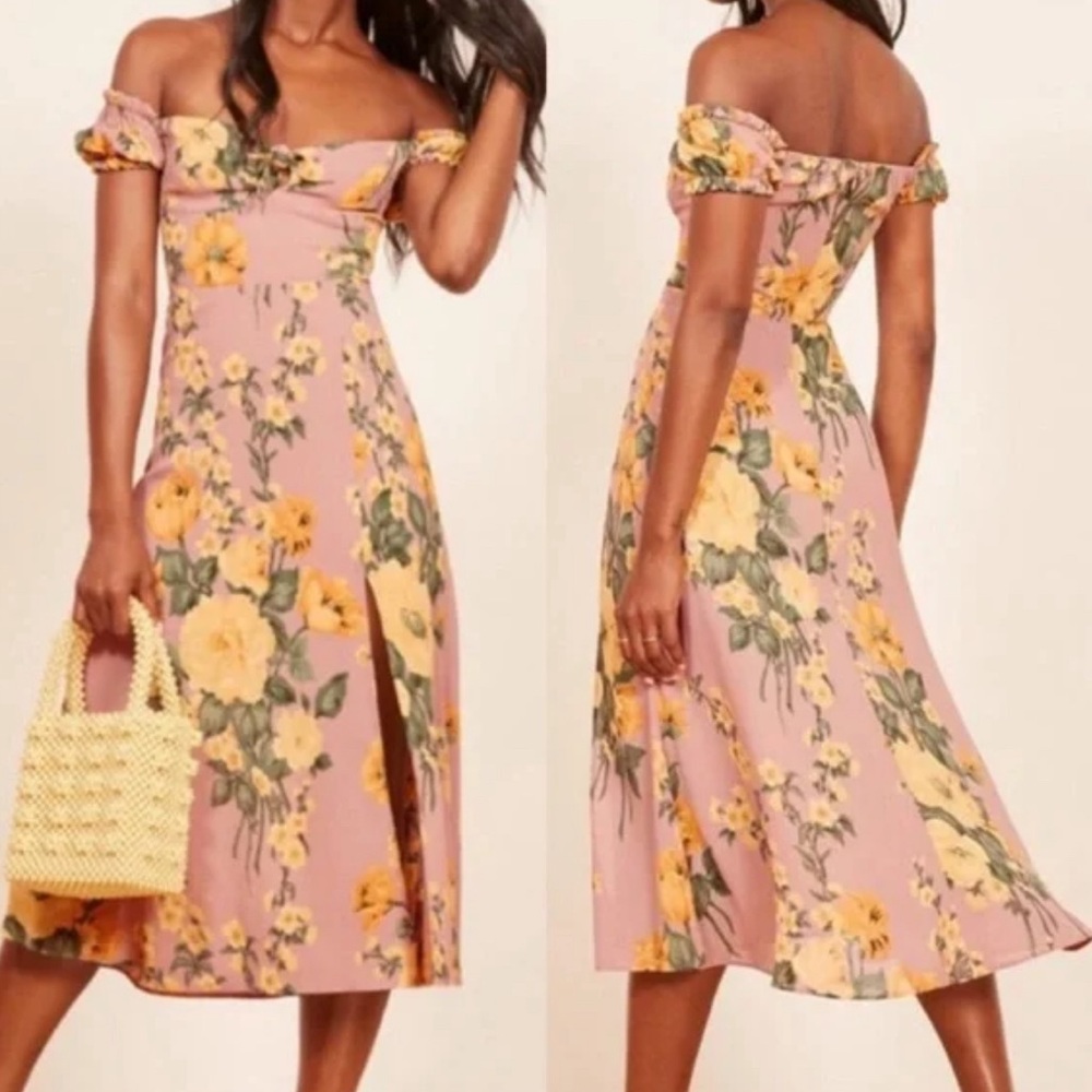 Reformation Cordova Dress Off The Shoulder Floral Midi, Size 2, Antoinette Pink